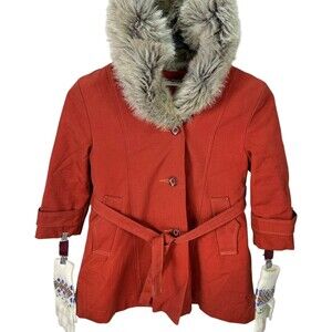 Vintage Emily Leffler Girls Rust Faux Fur Hood Coat Belt Gloves Sz 6-7 Boutique